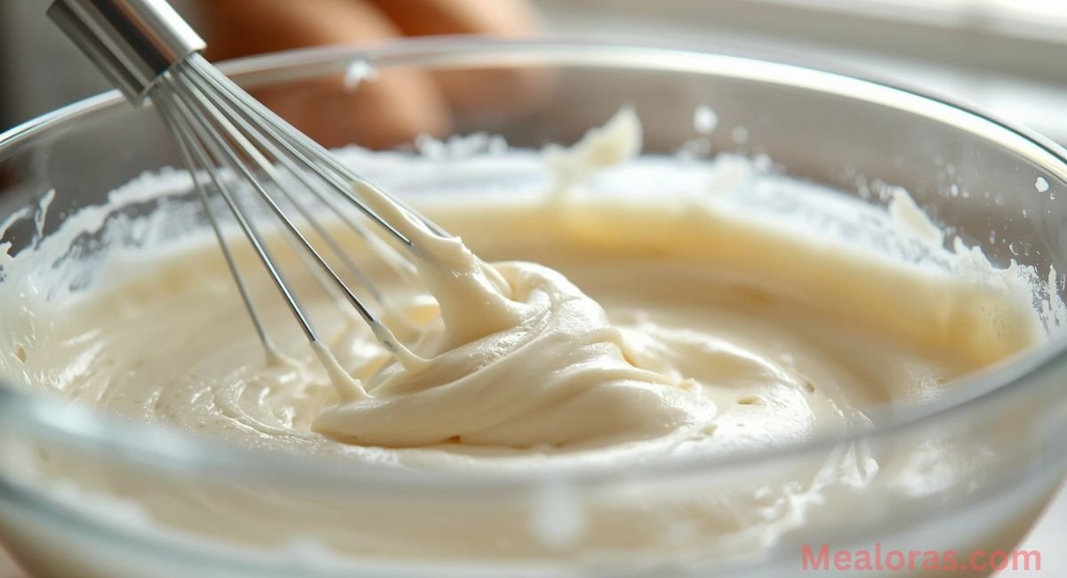 Light and fluffy cake batter in a glass mixing bowl with a whisk