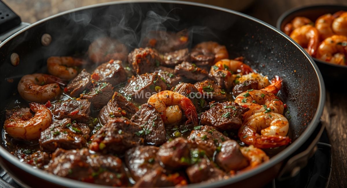 calabrian steak shrimp bucatini cooking process