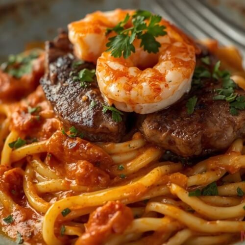 calabrian steak shrimp bucatini final dish