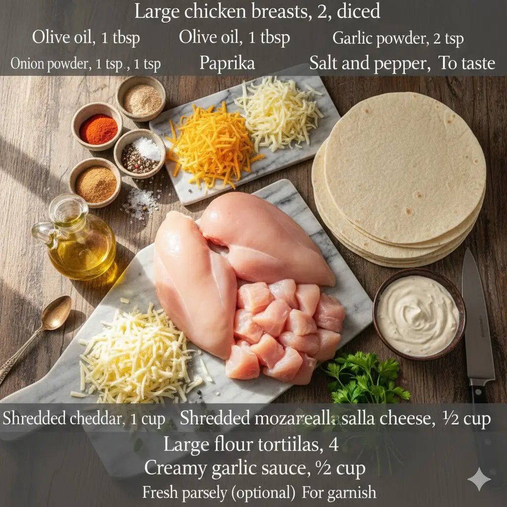 Ingredients for cheesy garlic chicken wraps including diced chicken, olive oil, spices, shredded