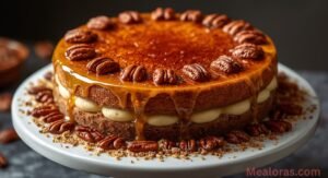 Crème Brûlée Caramel Pecan Cake with glossy caramel glaze and toasted pecans on top