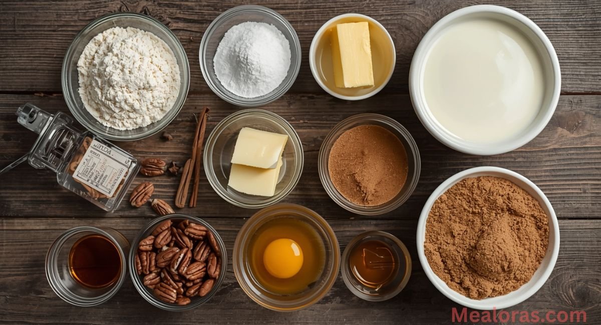 All ingredients for Crème Brûlée Caramel Pecan Cake neatly arranged in bowls and measuring cups on a wooden surface