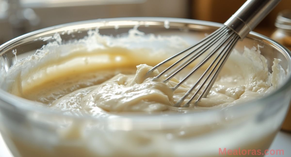 Silky crème brûlée custard coating the back of a spoon in a saucepan