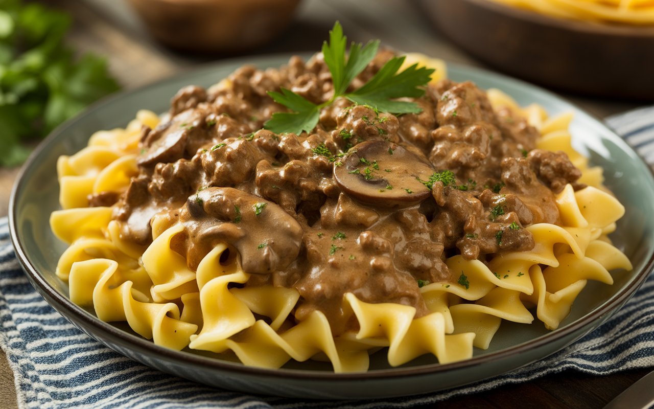 Easy ground beef stroganoff with egg noodles, creamy mushroom gravy, and parsley garnish