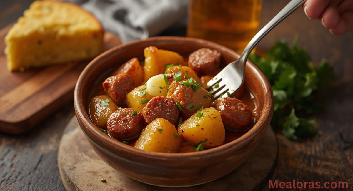 Southern swamp potatoes served in a rustic bowl with cornbread on the side