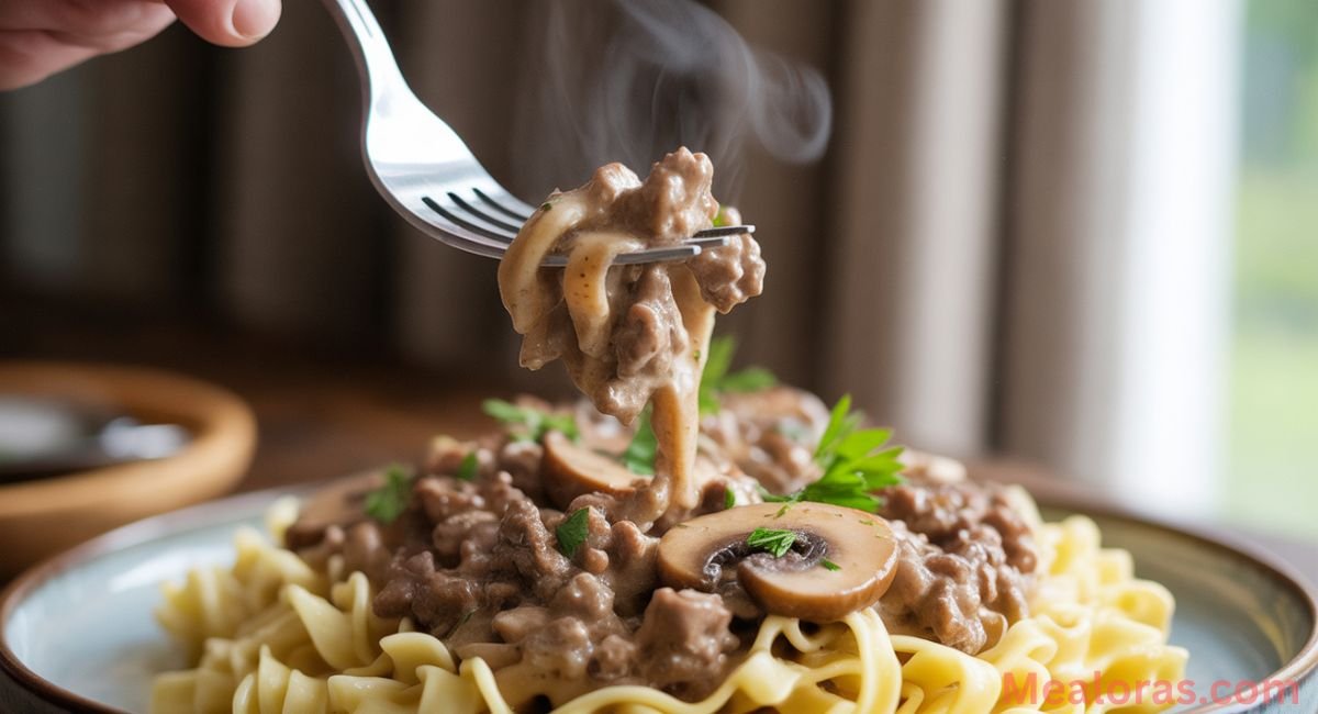 plated ground beef stroganoff hero