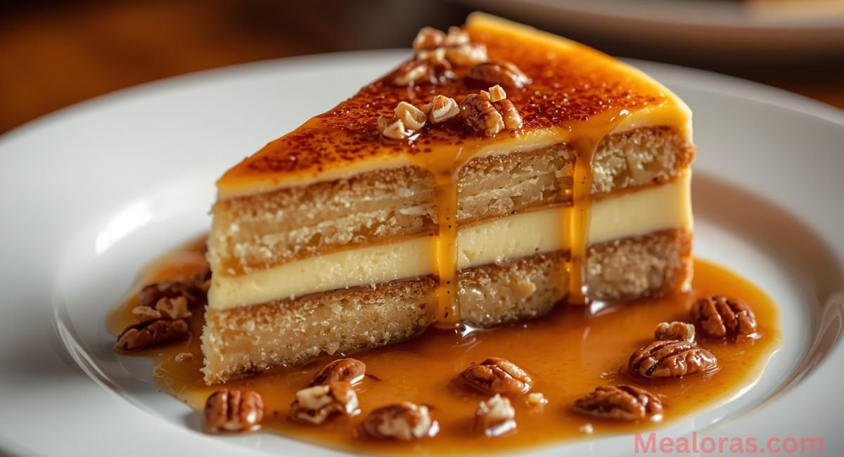 Sliced Crème Brûlée Caramel Pecan Cake showing layers of custard, cake, and pecans