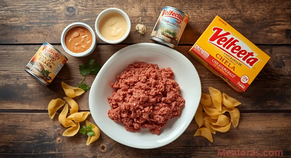 Sloppy cheeseburger pasta ingredients including ground beef, Velveeta cheese, pasta shells, and cream of mushroom soup arranged on a kitchen table