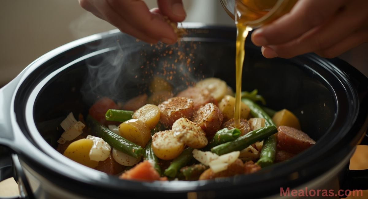Slow cooker with layers of potatoes, sausage, and Cajun seasoning for swamp potatoes