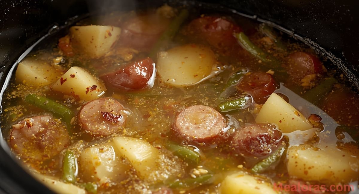 Hearty swamp potatoes simmering in Cajun broth with sausage and vegetables