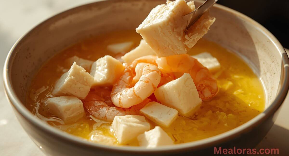 Gently folding silken tofu cubes and shrimp into egg mixture