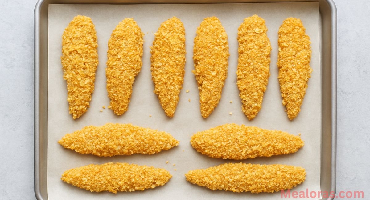 Chicken tenders arranged in a single layer on a baking sheet