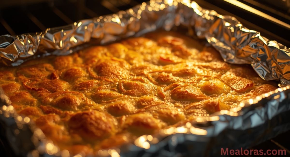 Baked Fleming’s potatoes with golden brown bubbling cheese in casserole dish