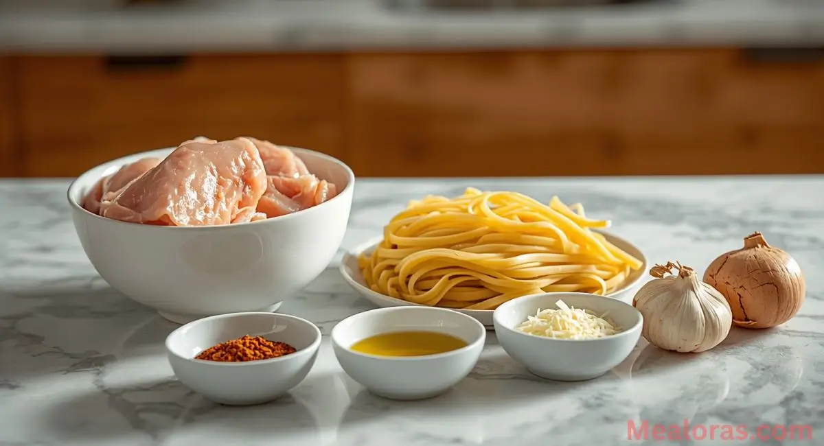 Bayou chicken pasta ingredients with linguine, heavy cream, Cajun spices, and chicken breast