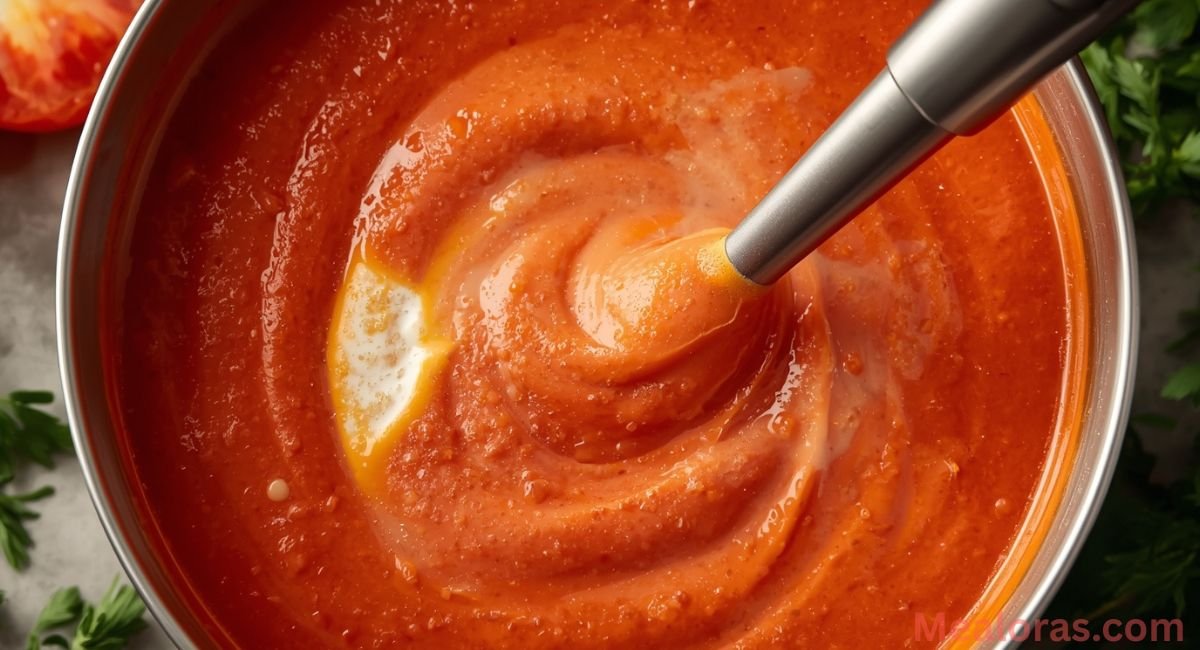 Immersion blender pureeing smooth tomato bisque in a saucepan, with cream and cheddar cheese blended in for a rich, velvety texture.