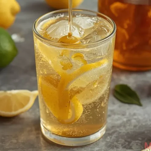 Refreshing Brazilian Mounjaro drink in a clear glass with lemon and ginger on the side