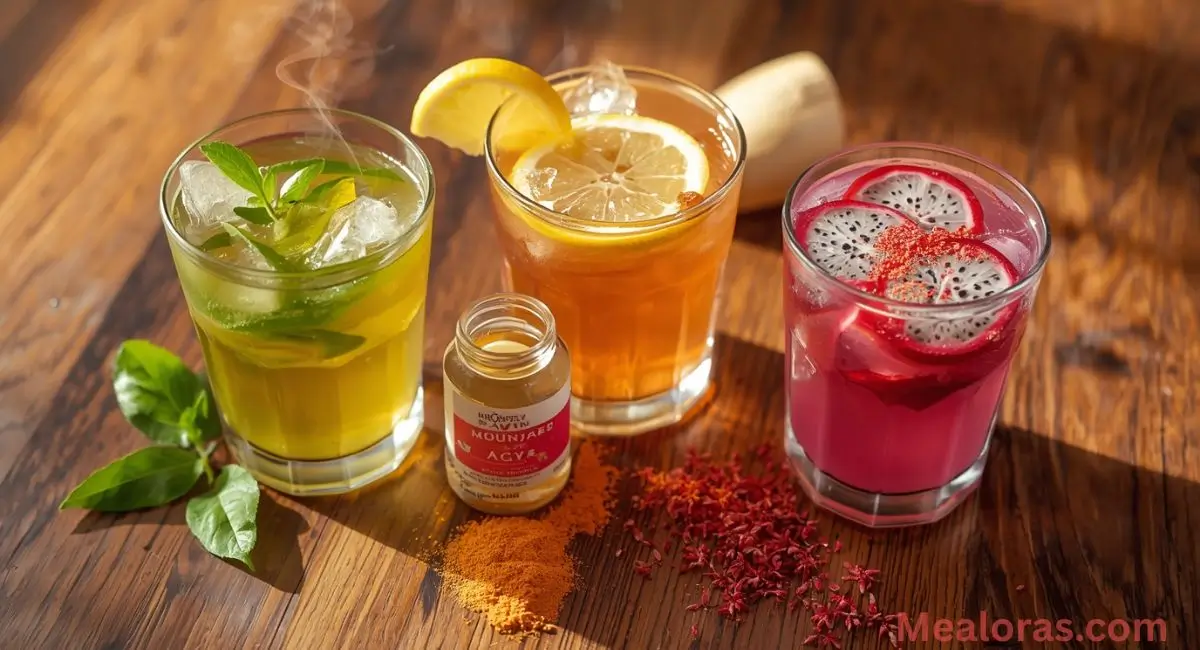 popular variations of Brazilian Mounjaro drink: green tea version, ACV + lemon boost, and dragon fruit with butterfly pea flower