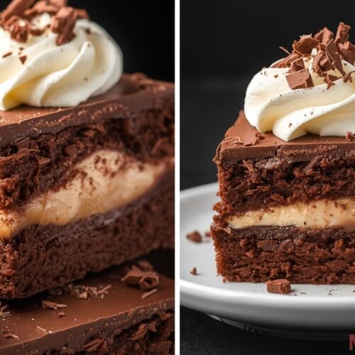 Fully assembled brownie refrigerator cake served on a plate, topped with whipped cream and chocolate shavings
