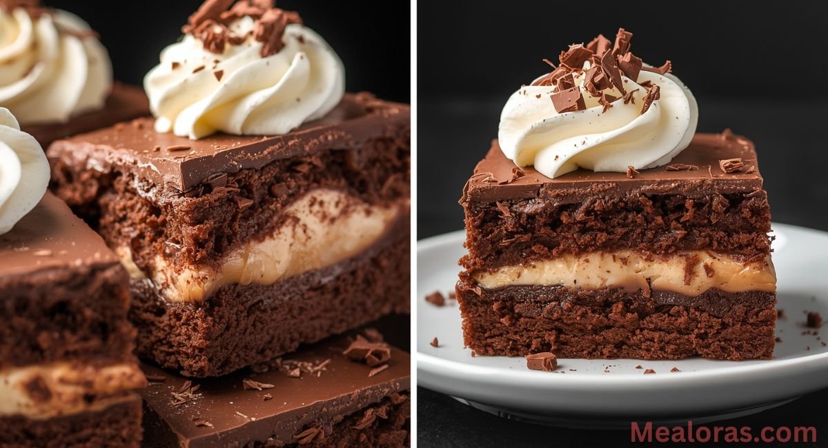 Fully assembled brownie refrigerator cake served on a plate, topped with whipped cream and chocolate shavings