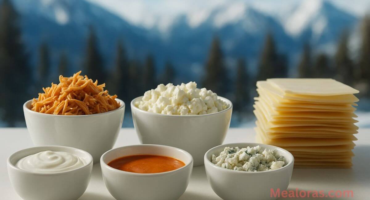 Buffalo chicken lasagna ingredients — shredded chicken, buffalo sauce, ranch dressing, mozzarella, and lasagna noodles arranged on a counter