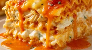 Cheesy Buffalo Chicken Lasagna with creamy ranch layers and golden bubbly top