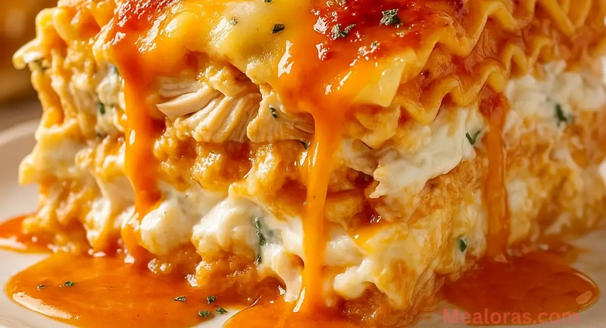 Cheesy Buffalo Chicken Lasagna with creamy ranch layers and golden bubbly top