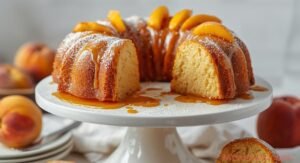 Buttery Southern peach pound cake with golden crust and soft inside