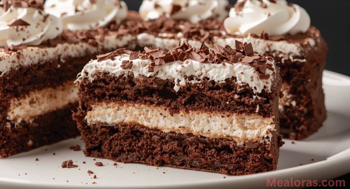 Brownie refrigerator cake in a glass dish covered and chilling in the refrigerator, layers set and firm