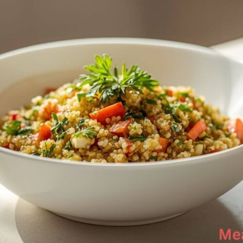 Chilled quinoa salad in a white bowl with fresh herbs, served cold for a refreshing gluten-free meal