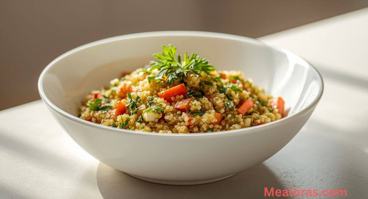 Healthy gluten-free quinoa salad with chickpeas, feta, and fresh vegetables in a white bowl — light, colorful, and protein-packed.