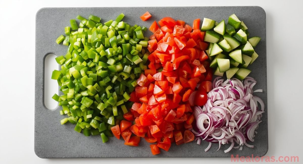 chopped bell peppers tomatoes cucumber and red onion on cutting board for spaghetti salad