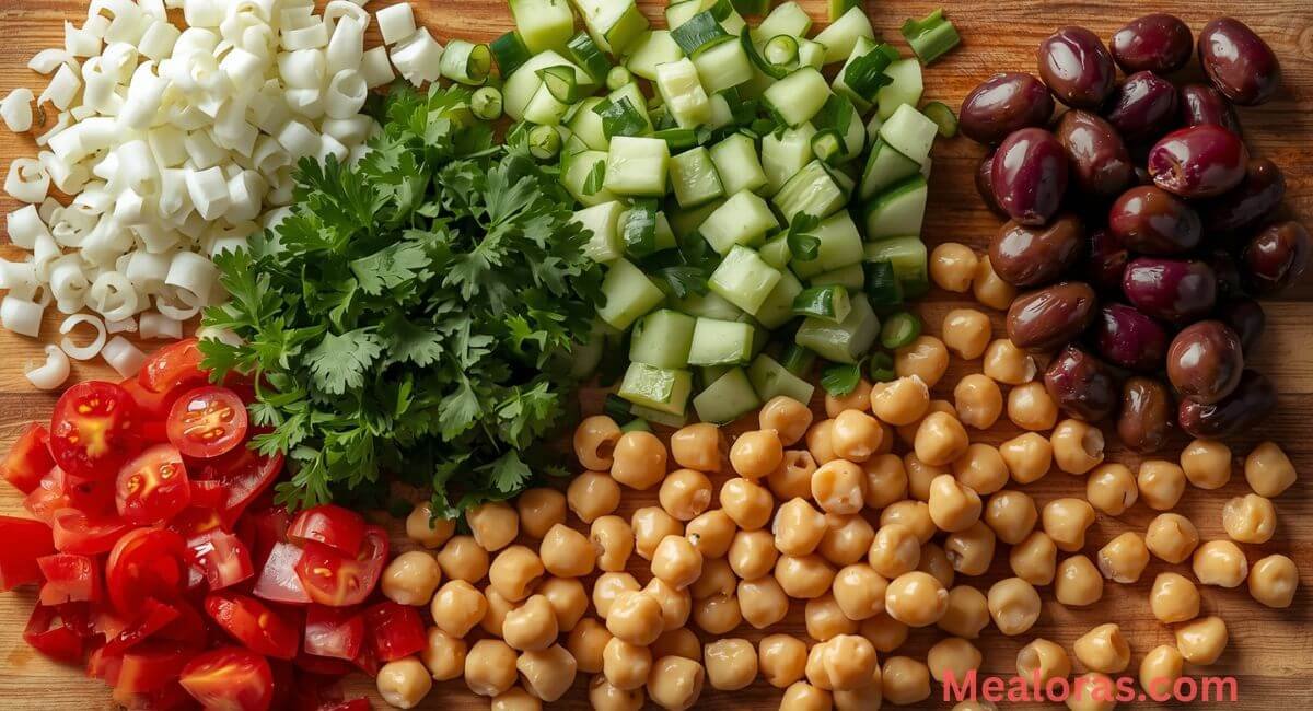 Fresh chopped scallions, parsley, cucumber, tomatoes, chickpeas, and olives arranged for quinoa salad prep
