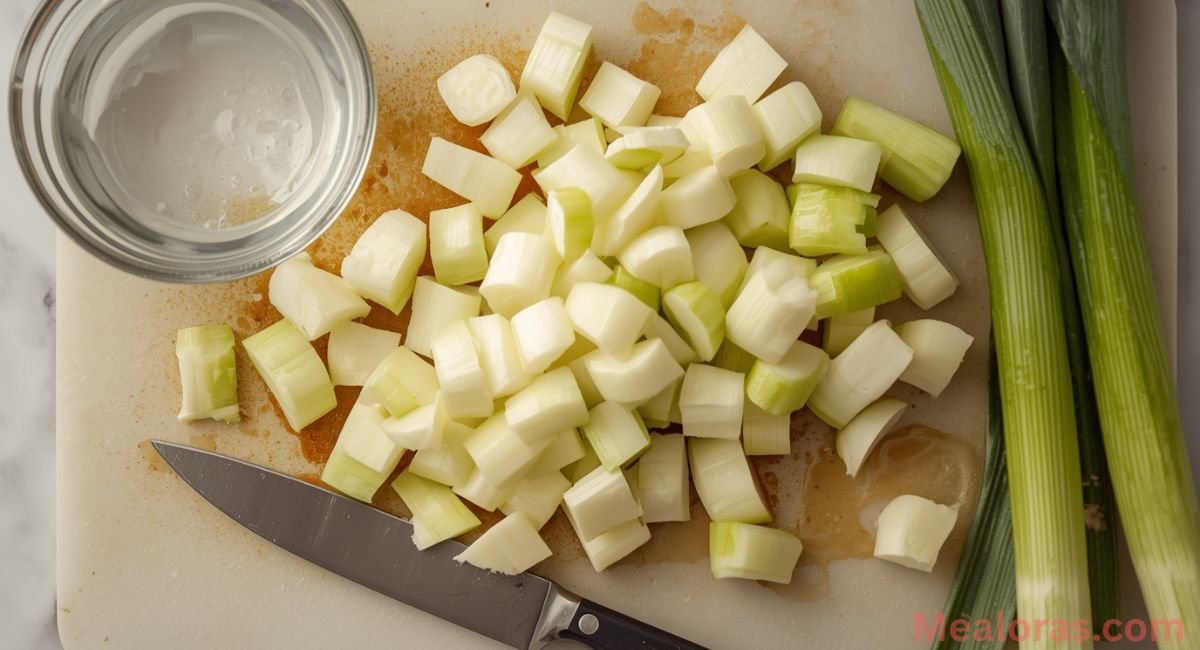 Cleaned and thinly sliced leeks on cutting board for creamy potato recipe
