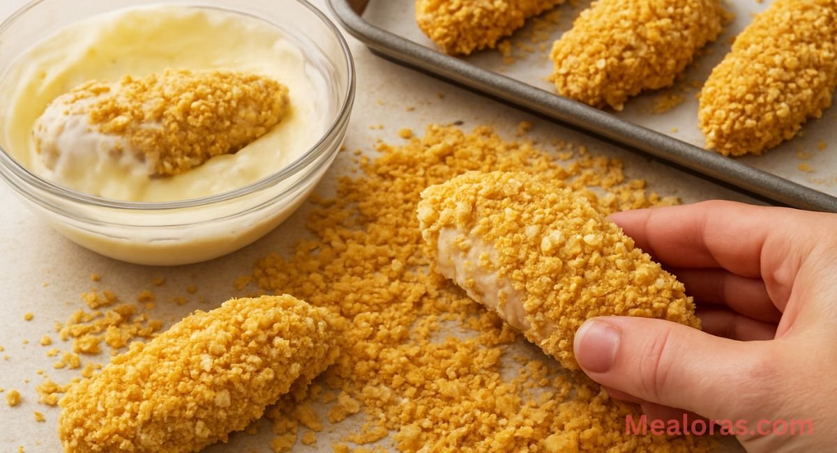 Dipping chicken tenders into coating and pressing crushed Ritz crackers