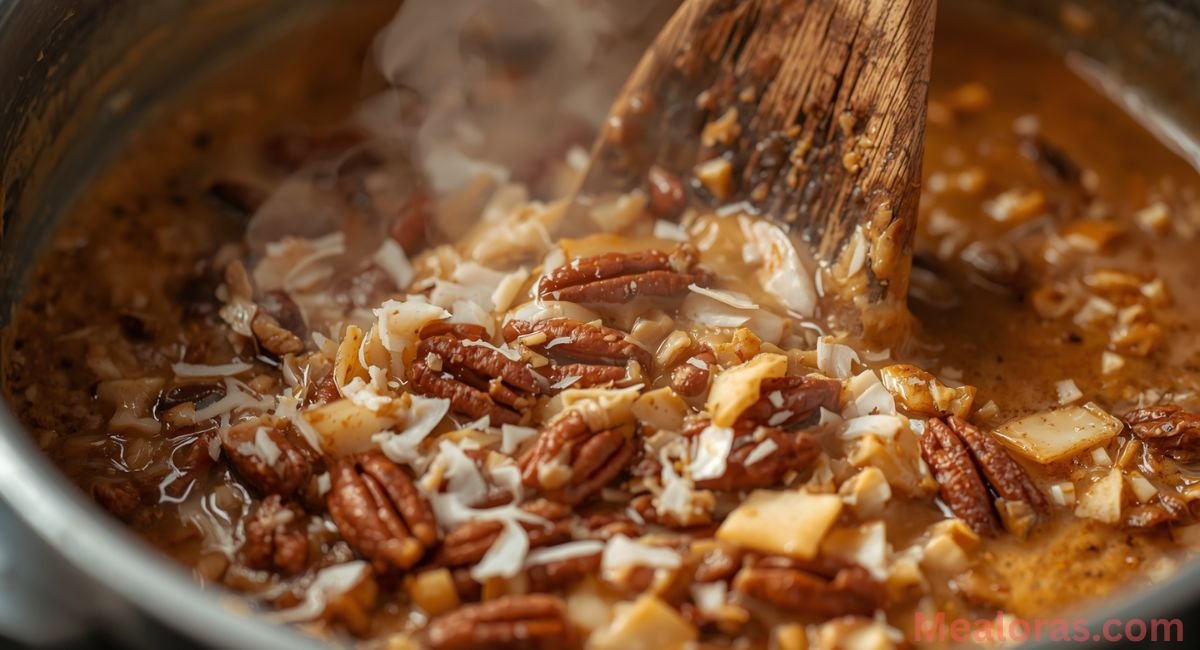 coconut-pecan-frosting-for-white-german-chocolate-cake Homemade coconut-pecan frosting cooking in a saucepan for White German Chocolate Cake