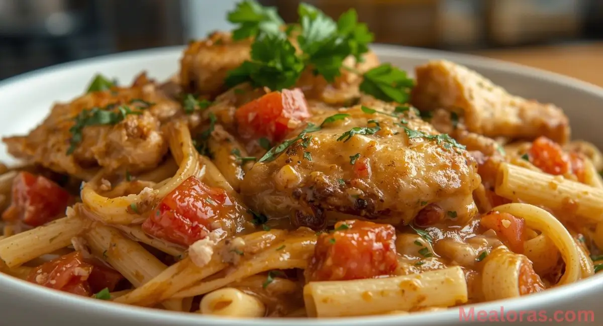 Creamy Bayou chicken pasta tossed with sauce, tomatoes, and herbs in a skillet