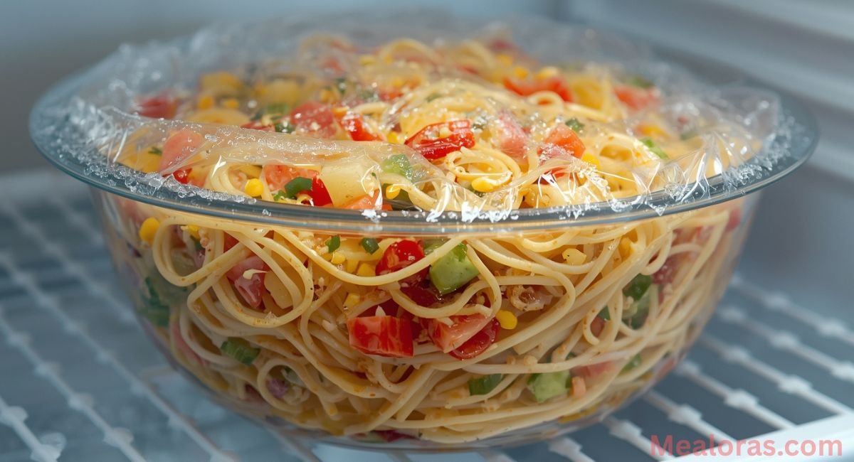 spaghetti salad covered and chilling in refrigerator bowl before serving