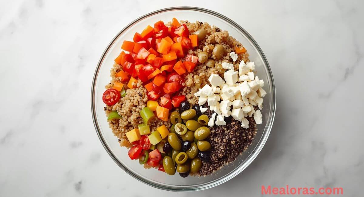 Colorful quinoa salad with fresh veggies, feta, and chickpeas tossed in lemon dressing