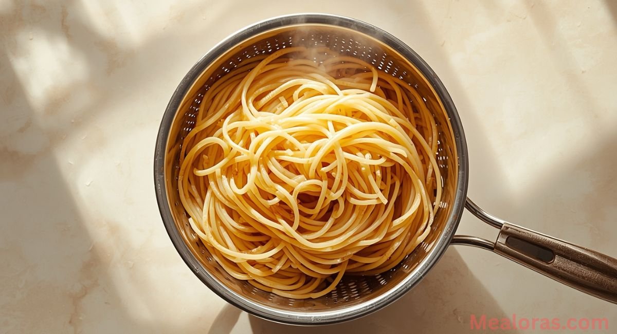 cooked spaghetti noodles rinsed and drained in colander after boiling