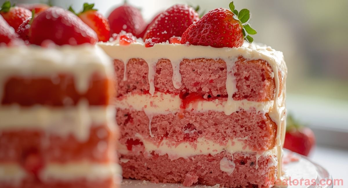 Cooling strawberry honeybun cake topped with fresh strawberries and cream cheese dollops