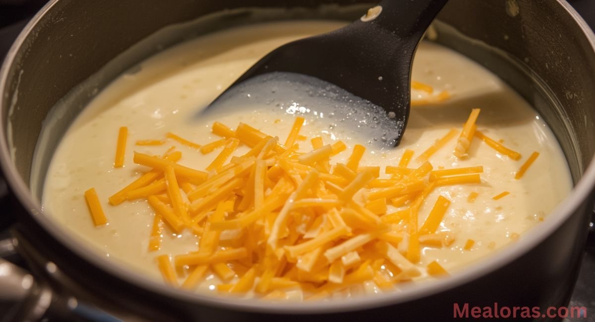 Creamy cheese sauce of heavy cream, half & half, cheddar, and Monterey Jack in saucepan
