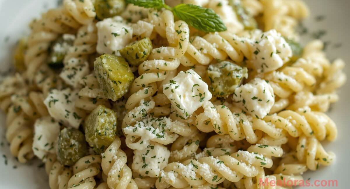 TikTok viral dill pickle pasta salad with cheese and crunchy pickles