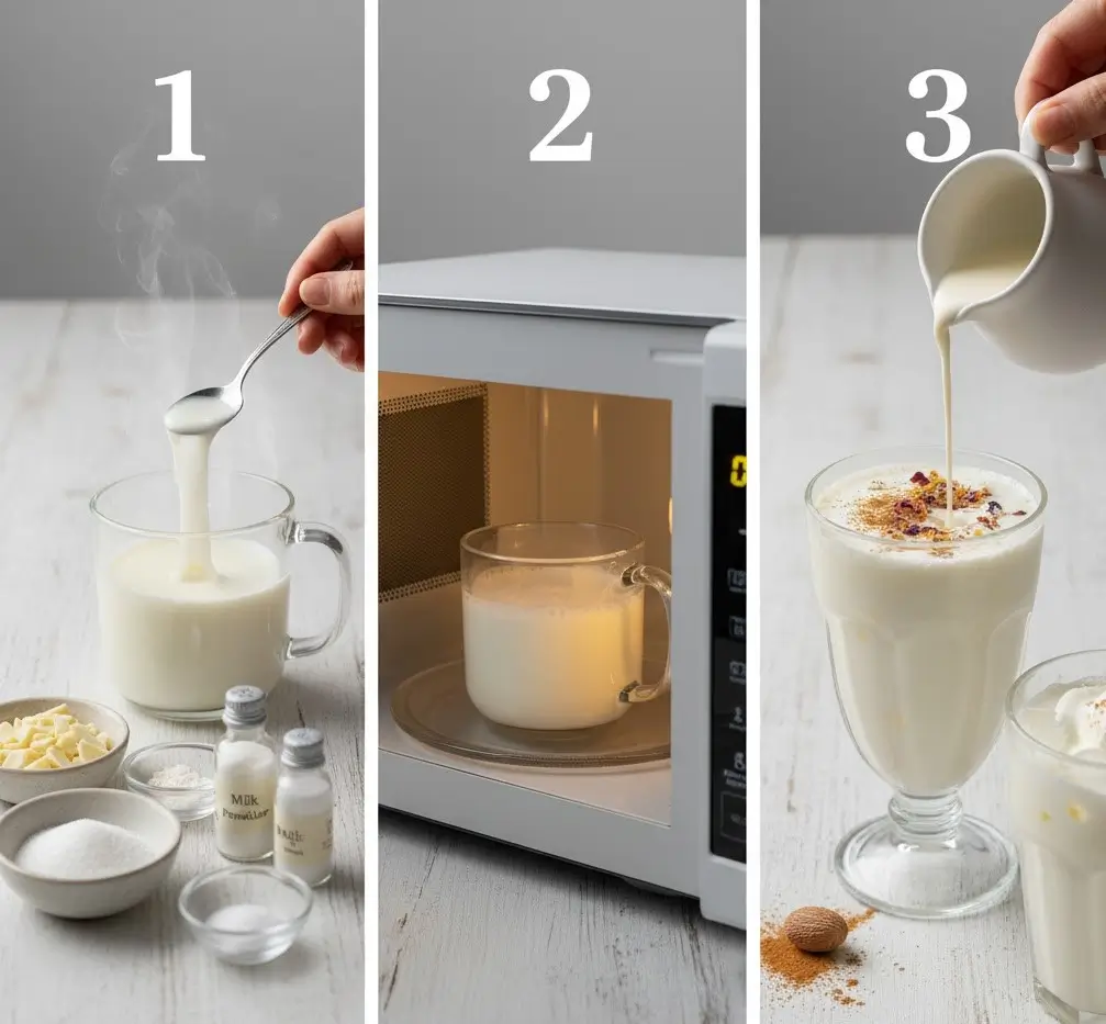 Creamy homemade moon milk with white chocolate, warm milk, and cinnamon garnish