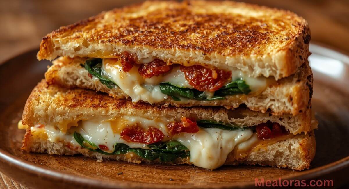 Creamy Ricotta and Spinach Grilled Cheese Sandwich with Sun-Dried Tomatoes on toasted bread