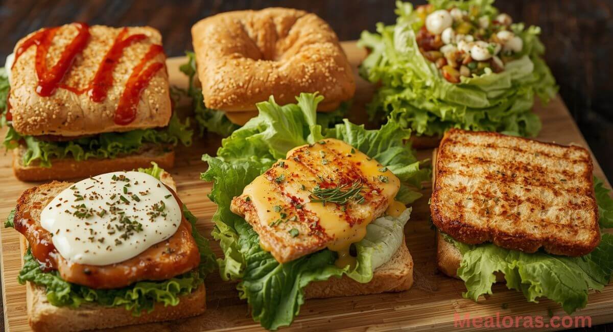 Variety of Caesar sandwiches: spicy version with sriracha, gluten-free bun, low-carb romaine wrap, cheesy chicken with melted mozzarella, and vegetarian option with grilled halloumi, all with fresh lettuce and creamy dressing