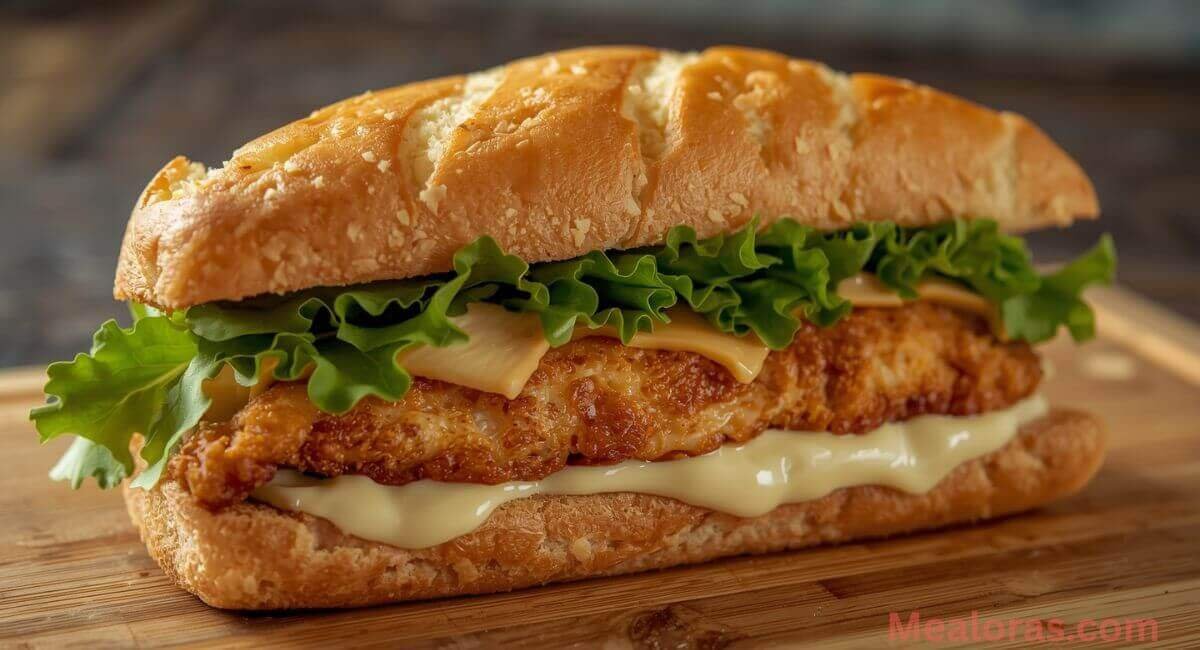 Crispy chicken Caesar sandwich on a toasted bun with lettuce, Caesar dressing, and shaved Parmesan, served on a wooden table