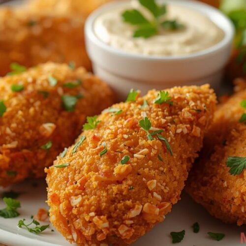 Golden crispy crack chicken tenders served on a plate with dipping sauce