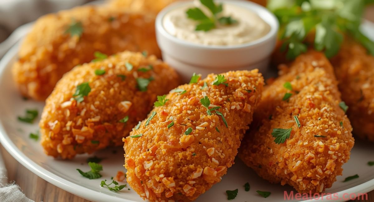Golden crispy crack chicken tenders served on a plate with dipping sauce