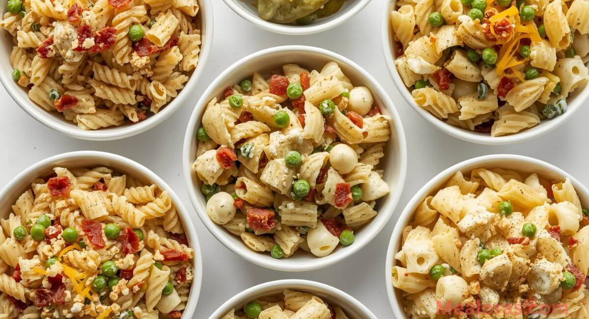 Different variations of dill pickle pasta salad with extra cheese, bacon, and herbs