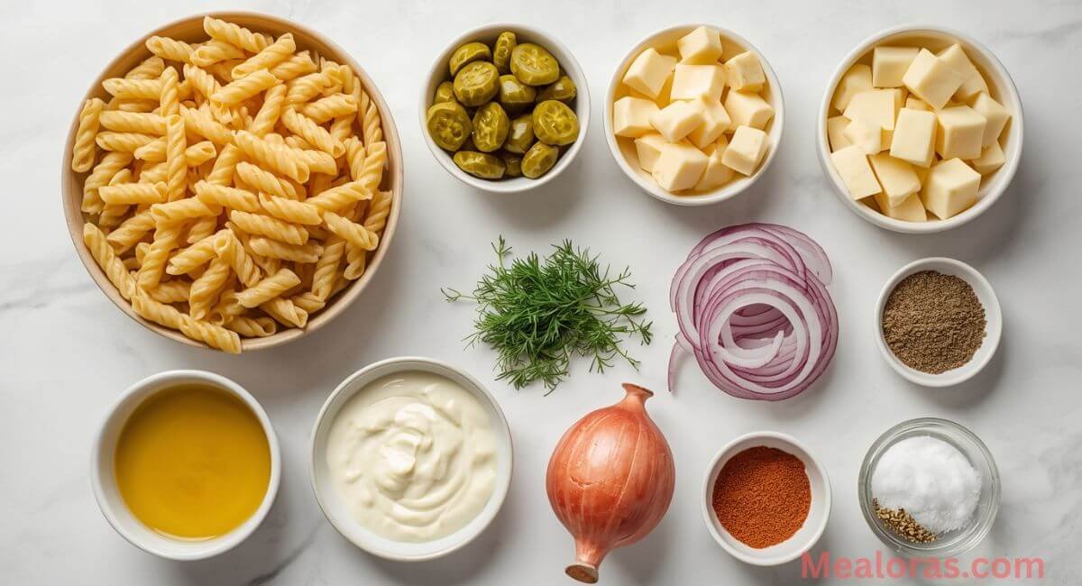 All ingredients for creamy dill pickle pasta salad recipe — pasta, mayo, pickles, dill, and cheese